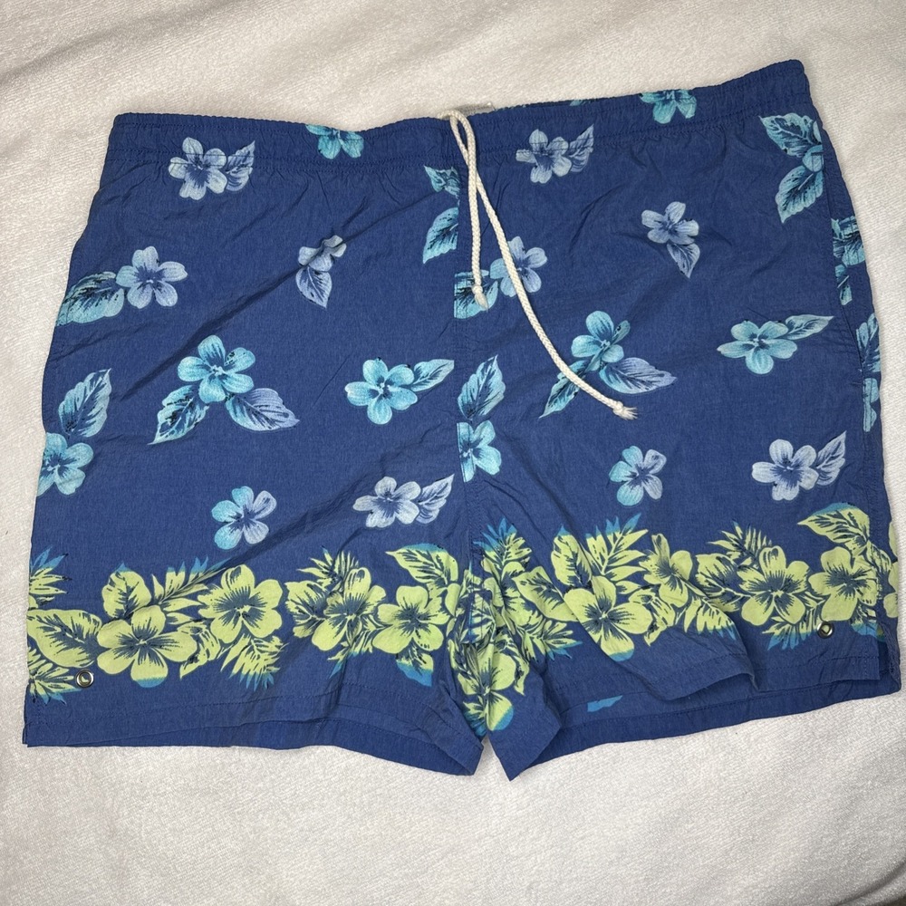Geoffrey Beene Mens Swim Trunks Size L Navy Tropical Floral Hawaiian Print
